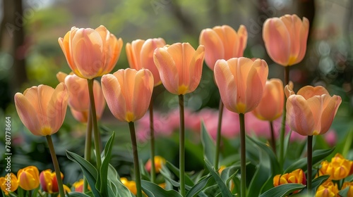   A bed of pink and yellow tulips  filled with a cluster of similarly colored blooms