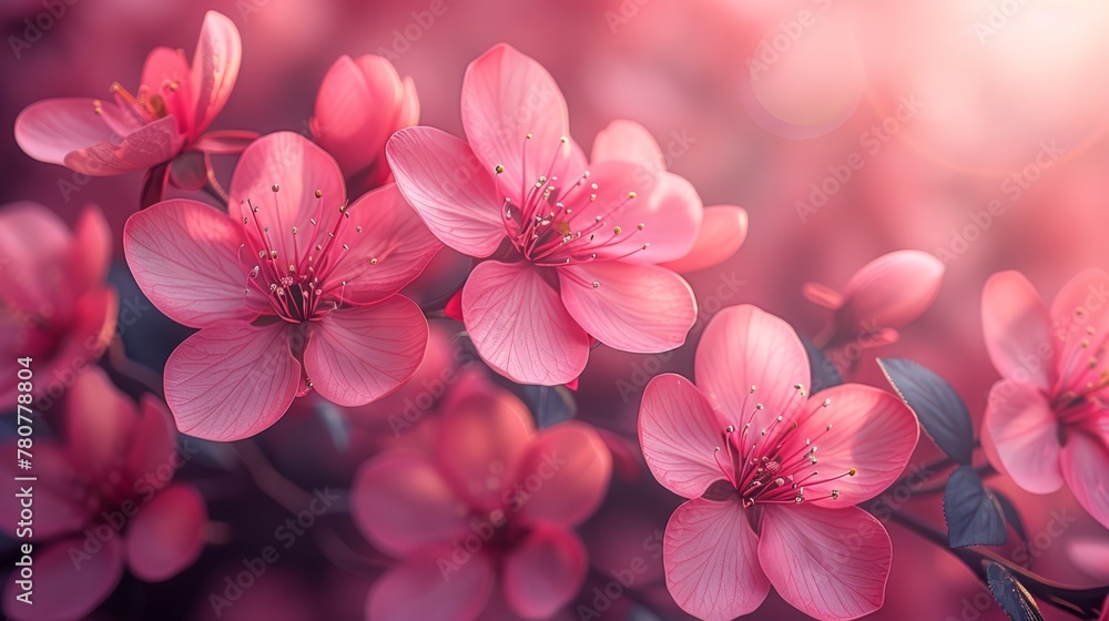 A tree branch is adorned with a cluster of pink blossoms against a blurred, out-of-focus backdrop A tree branch is adorned with a cluster of pink blossoms against a blurred, out-of-focus backdrop