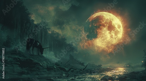   A man atop a horse in a forest under a full moon's glow