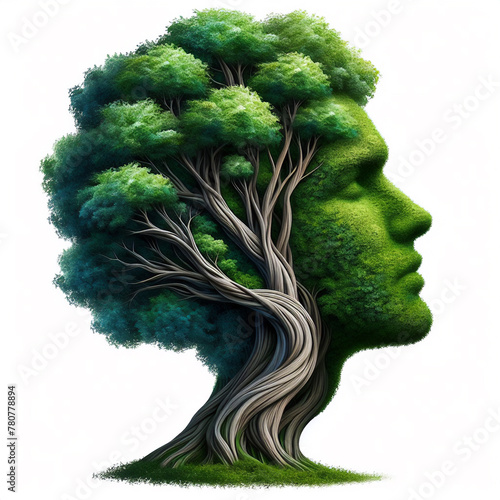 Shape that combines human head and tree. Concept of thinking hope freedom and mind , surreal artwork. White background photo
