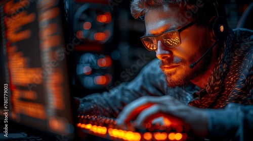  A man intently works at his computer, red LED lights casting an intense glow upon his face, donning multiple pairs of glasses
