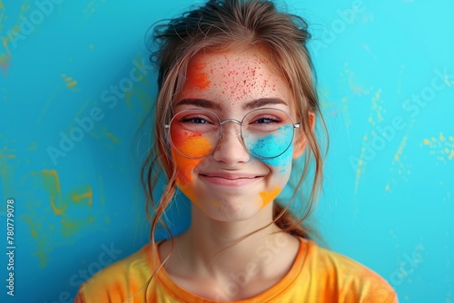 Girl with colorful paint splashes and glasses