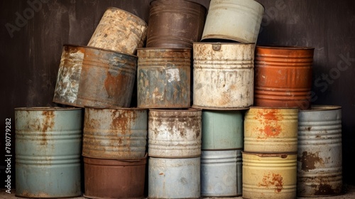 Weathered milk cans stacked in row