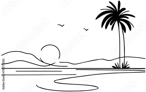 Beach mountain with palm tree and ocean black outline