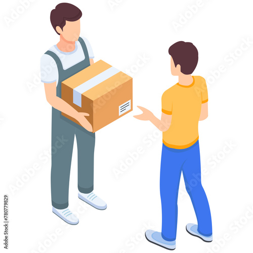 Delivery Person hands off a package to a customer Isometric Illustration