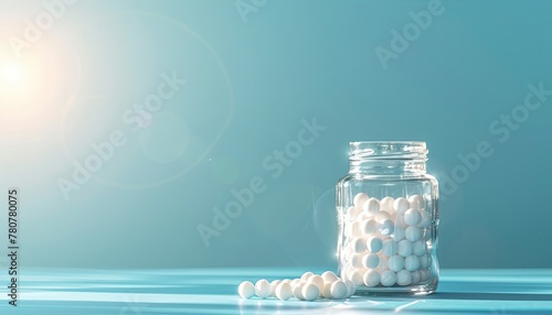 homeopathic balls in a glass jar, strewn, sunlight, on a blue background