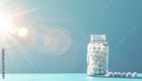 homeopathic balls in a glass jar, strewn, sunlight, on a blue background