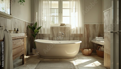 The modern bathroom is white and cozy  with marble stone  towels and plants 
