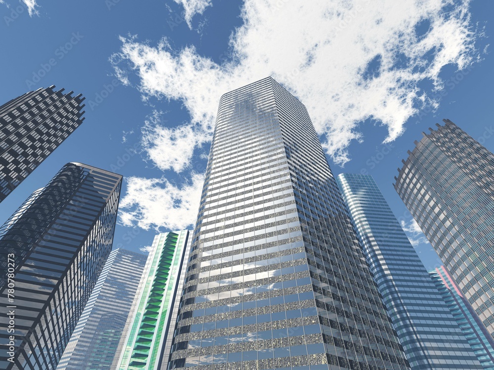 Skyscrapers, high-rise buildings from below against the background of the sky, cityscape, panorama of skyscrapers, 3D rendering