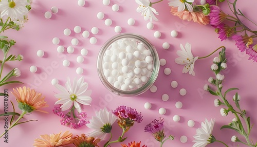 homeopathic balls in a glass jar, strewn, medicinal plants, sunlight, on a pink background