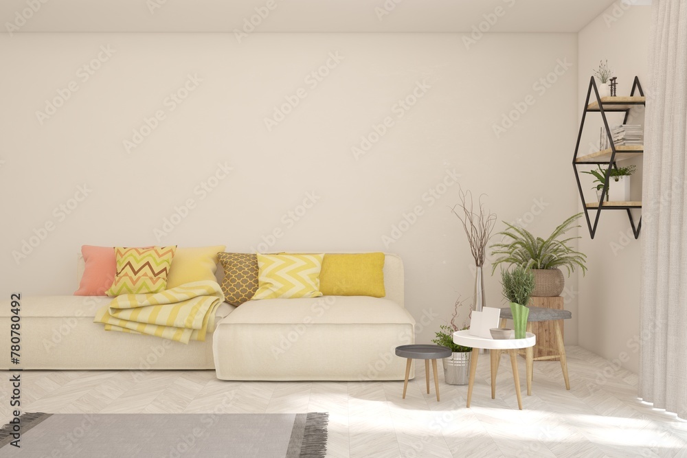 Naklejka premium White living room with sofa. Scandinavian interior design. 3D illustration