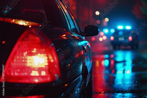 Rain-soaked car at night with police lights in background