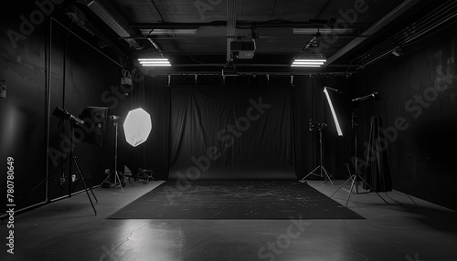Spacious large black photo studio, racks and softboxes for model shooting © Svetlana