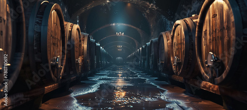 Vintage Wine Cellar With Rows of Wooden Barrels Aging