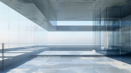 A 3D render of abstract futuristic glass architecture with an empty concrete floor