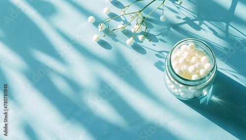 homeopathic balls in a glass jar, scattered with medicinal plants, sunlight