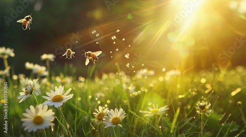 Bees Flying Over Daisies in Sunlit Grass Field photo