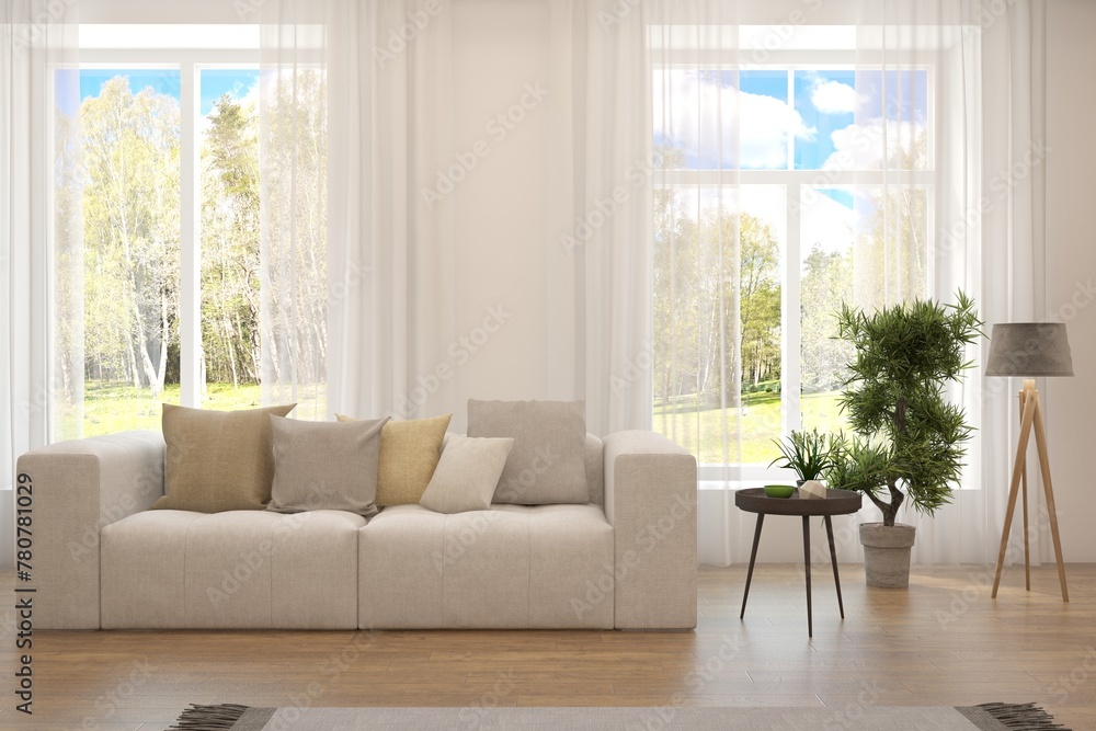 Fototapeta premium White living room with sofa and summer landscape in window. Scandinavian interior design. 3D illustration