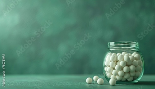 homeopathic balls in a glass jar, scattered with medicinal plants, sunlight