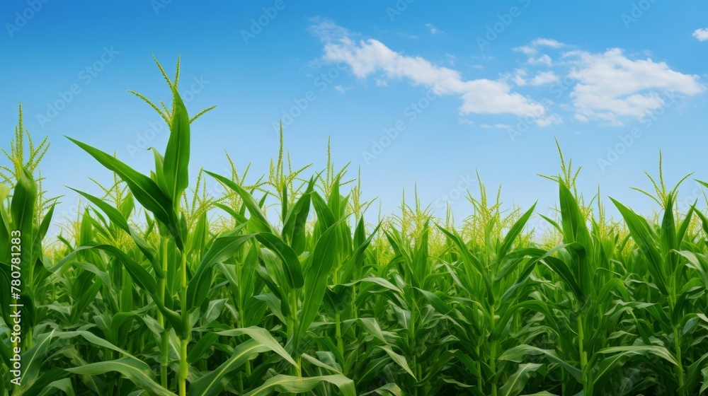 Scenic view of well organized cornstalks reaching for the blue sky Scenic view of well organized cornstalks reaching for the blue sky