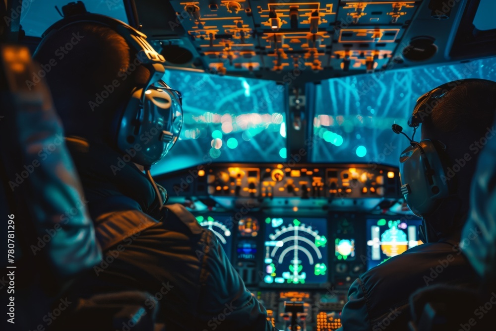 Aircraft cockpit with pilots and neon lighting