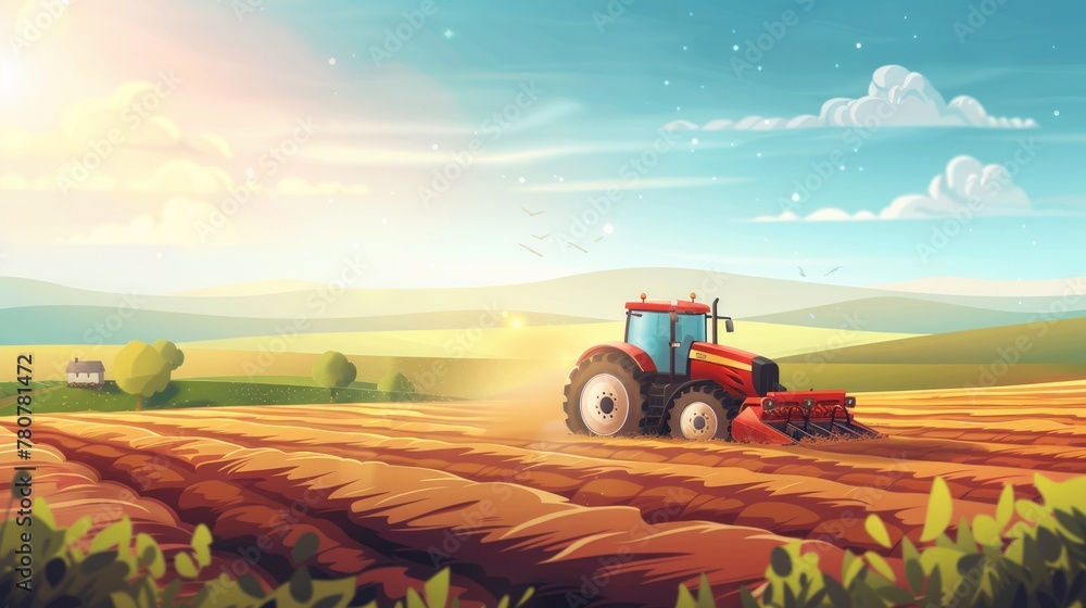 Obraz premium A tractor plows through a field against a backdrop of a rural landscape