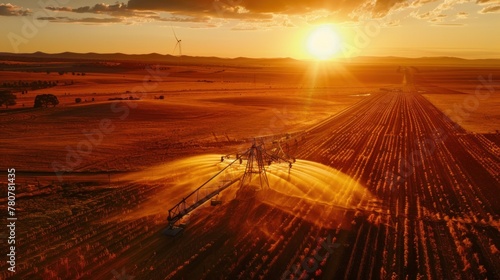 Aerial view of a farm using pivot irrigation at sunset, a sustainable farming method for watering crops efficiently