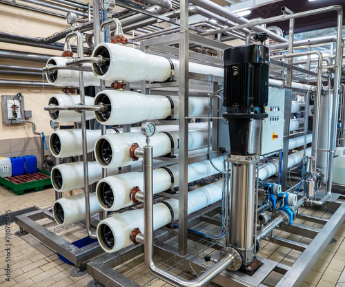 Reverse osmosis water treatment system with multiple filtration tubes in factory setting.