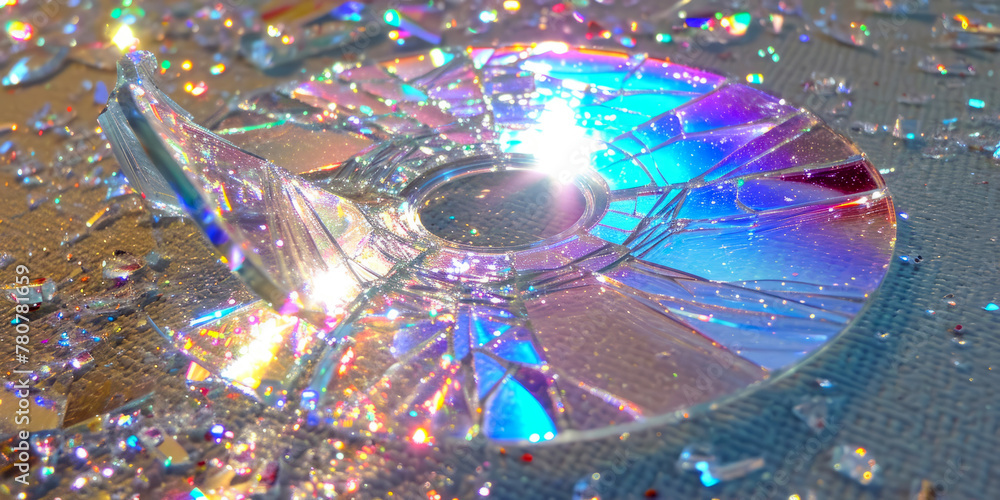 Shattered CD on Sparkling Background Reflecting Light Shattered CD on Sparkling Background Reflecting Light