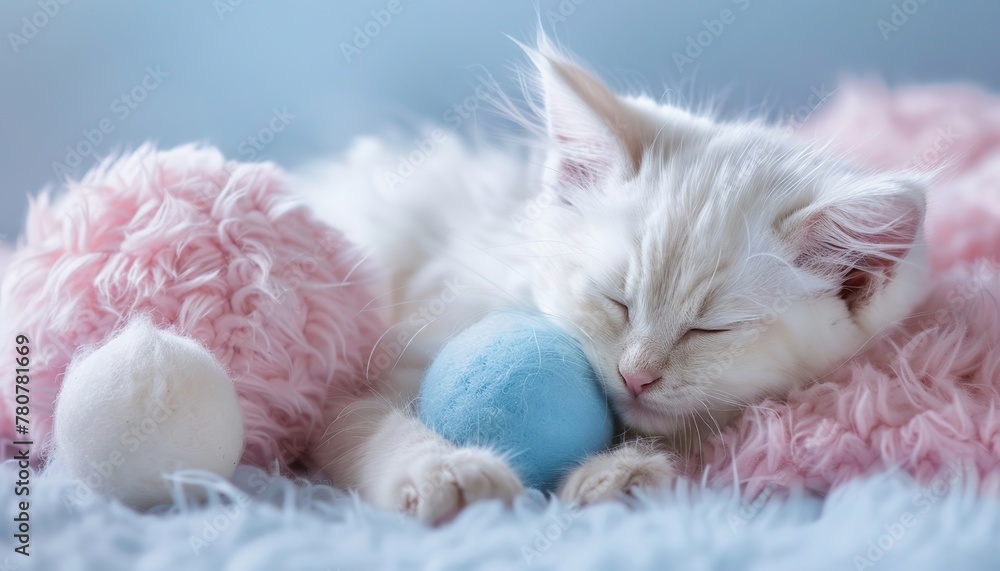 A very cute kitten sleeps in a fluffy blanket with toys A very cute kitten sleeps in a fluffy blanket with toys