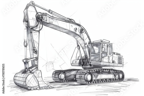 Schematic technical line drawing of an excavator with a bucket on a white background