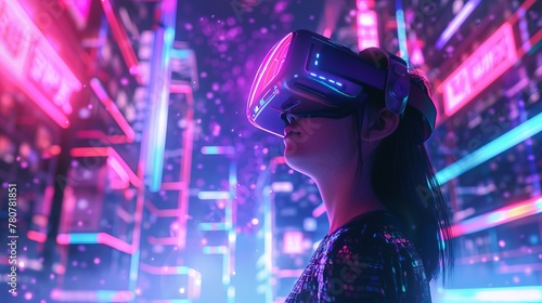 VR adventure, Woman encounters high-tech AI and online worlds in the metaverse, detailed in 4k photo