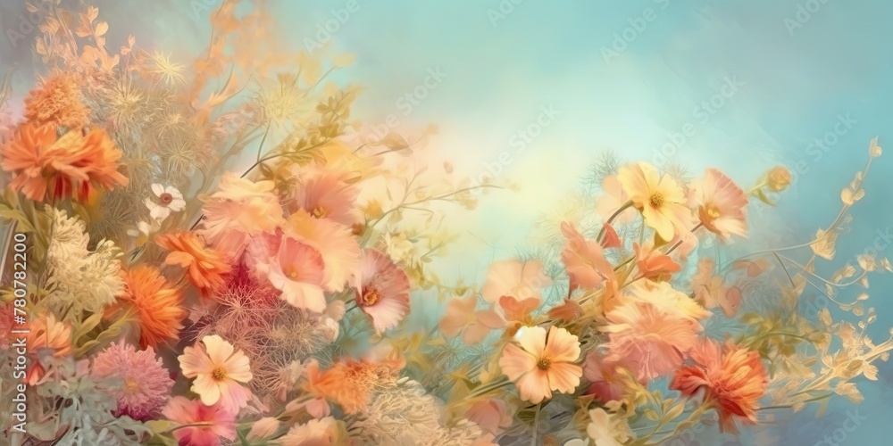 AI Generated. AI Generative. Vintage retro soft painting drawing watercolor oil floral flowers decorative bloom field wild flowers template. Graphic Art
