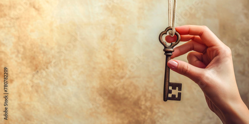 A womans hand holding an ornate vintage key on a string, evoking a sense of mystery and discovery photo