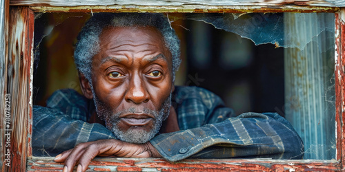 A contemplative senior African man gazes outward from behind a broken window, evoking themes of reflection and life experiences photo