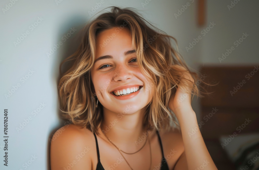 A cheerful blonde woman graces the frame with an infectious laugh, capturing the essence of casual comfort and spontaneous joy. A cheerful blonde woman graces the frame with an infectious laugh, capturing the essence of casual comfort and spontaneous joy.