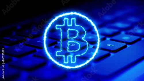 Bitcoin Symbol neon, Concept of Digital Payments on computer keyboard background, cryptocurrency