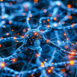 A close up of a brain with many neurons and a lot of light. The neurons are blue and the background is orange