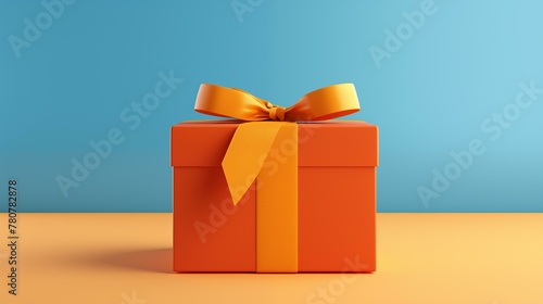 Isolated tied knot box gift symbol, gift box with orange ribbon and bow on blue background