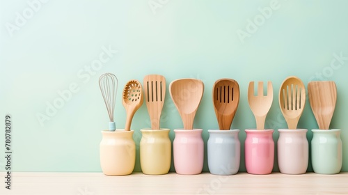 Blue ladle preparation spatula utensil, wooden utensils on table photo