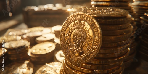 Stacks of golden coins gleam in a radiant, warm light, conveying wealth, prosperity, and the allure of treasure