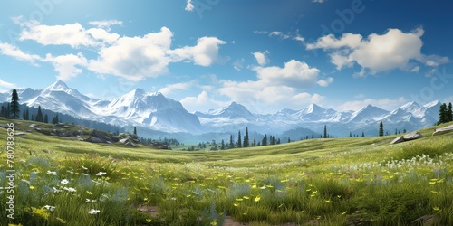 AI Generated. AI Generative. Green nature outdoor adventure vacation countryside landscape background meadow field with mountains hills. Graphic Art