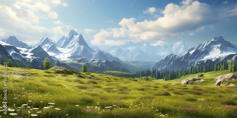 Fototapeta premium AI Generated. AI Generative. Green nature outdoor adventure vacation countryside landscape background meadow field with mountains hills. Graphic Art