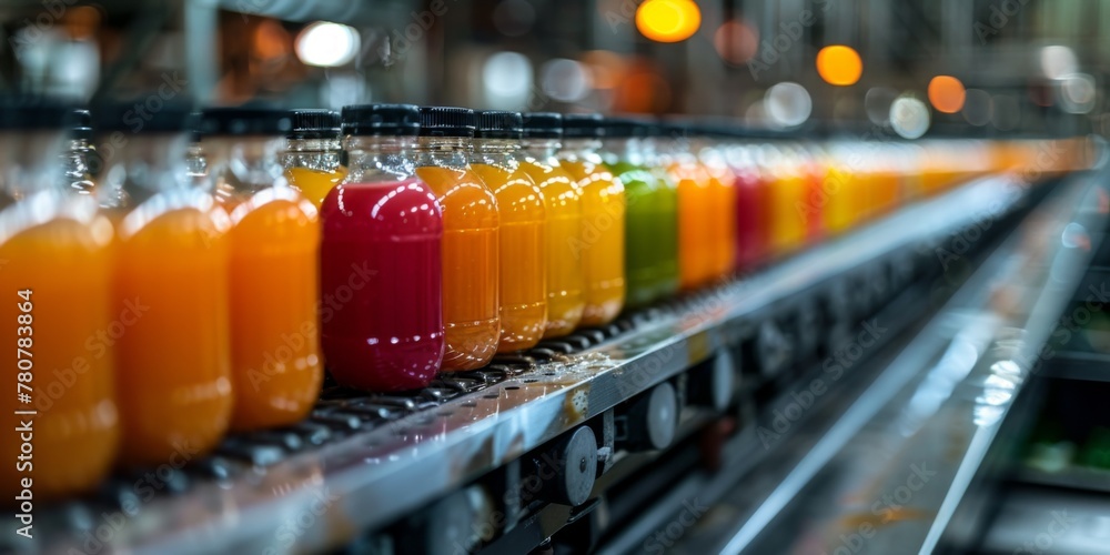 Various natural juices in glass bottles on a conveyor belt. Juice production. Generative AI Various natural juices in glass bottles on a conveyor belt. Juice production. Generative AI