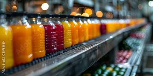 Various natural juices in glass bottles on a conveyor belt. Juice production. Generative AI