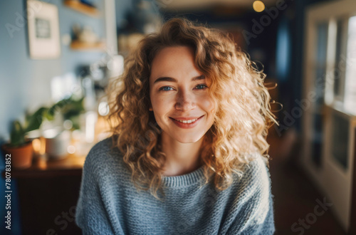 A womans contagious smile and lively curls are highlighted by the cozy ambience of a well-lit room, creating an inviting portrait of relaxed joy