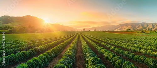 Green Vegetables Growing in Rows on Farmland at Sunrise