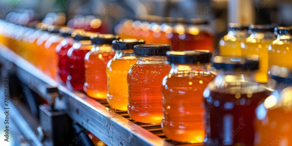 Factory for the production of fruit juices and drinks on a conveyor belt. Generative AI Factory for the production of fruit juices and drinks on a conveyor belt. Generative AI