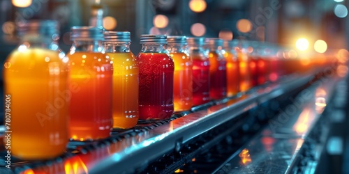 Factory for the production of fruit juices and drinks on a conveyor belt. Generative AI