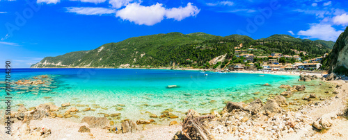 Greek summer destinations. Turquoise beautiful beaches  of Lefkada island, Agios Nikitas village .Greece, Ionian islands